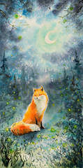 Childrens book illustration -Fox over a night sky. Picture made with watercolors.