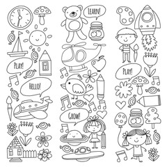 Vector icons and elements. Kindergarten, toys. Little children play, learn, grow together.