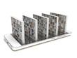 Bookcase with books on a smartphone screen isolated on a white background. Electronic library in a mobile phone. Distance education and self-study. Books online. Creative conceptual 3D rendering.