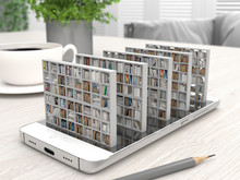 Bookcase With Books On A Smartphone Screen On A Desktop. Electronic Library In A Mobile Phone. Distance Education And Self-study. Books Online. Creative Conceptual 3D Rendering.