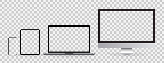 Realistic set of Monitor, laptop, tablet, smartphone on transparent background. Mockup set of device. Vector illustration