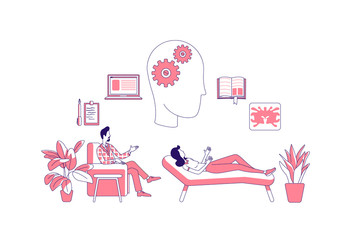 Poster - Psychological therapy thin line concept vector illustration. Psychologist and patient 2D cartoon characters for web design. Psychoanalysis, consultation, depression treatment creative idea