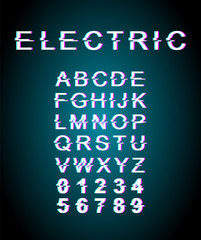 Fototapete - Electric glitch font template. Retro futuristic style vector alphabet set on turquoise background. Capital letters, numbers and symbols. Modern typeface design with distortion effect