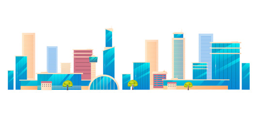 Poster - Modern city, metropolis cartoon vector illustration. Urban skyline flat color object. Residential district buildings, skyscrapers isolated on white background. Business center, downtown architecture