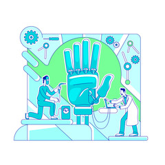 Poster - Prosthetics science thin line concept vector illustration. Lab workers, scientist and engineer 2D cartoon characters for web design. Artificial limb, bionic hand construction. Robotics creative idea
