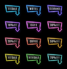 Wall Mural - big sale, motel, hot sale, clearance, cafe, coffee, wow 10 20 30 50 70 percent off neon light arrow 