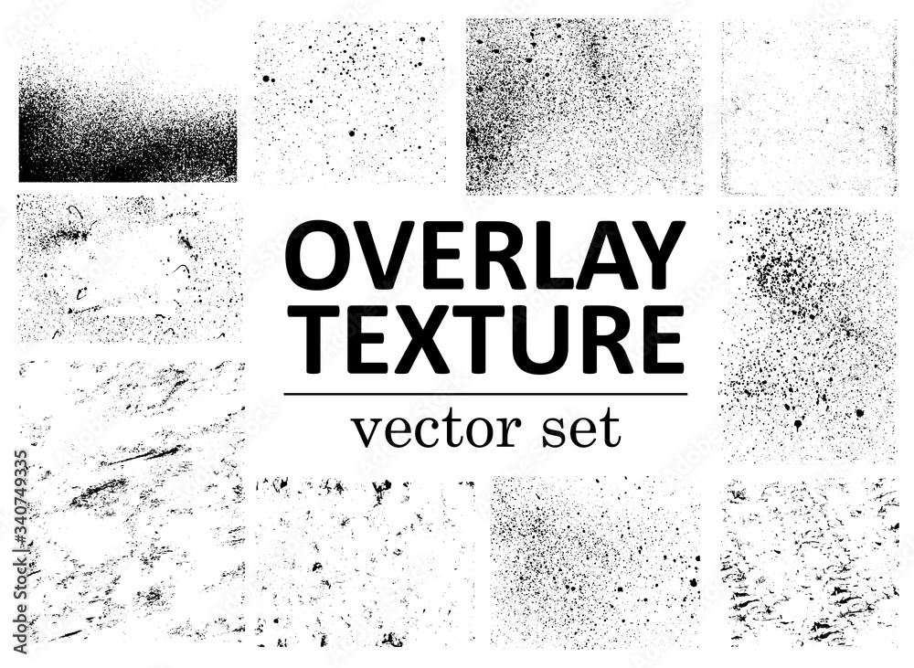 Grunge overlays vector. Different paint textures with splay effect and drop ink splashes. Dirty grainy stamp and scratches and damage marks. Urban grunge overlay. Vector illustration - obrazy, fototapety, plakaty 