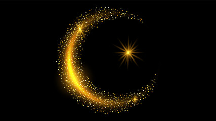 Poster - Glitter crescent with shiny color sparkle design element with glitter effect on black backdrop. Gold shine texture. Full moon night background. Design concept party or celebration on black background.