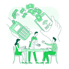 Poster - E-wallet mobile application thin line concept vector illustration. People in restaurant, clients and waiter 2D cartoon characters for web design. RFID, cashless payment, e-pay creative idea