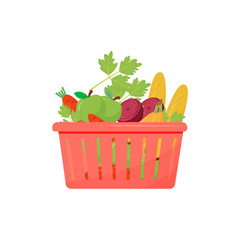 Poster - Products in shopping basket cartoon vector illustration. Baguette, fruits and vegetables flat color object. Bakery and organic produce, bread and veggies isolated on white background