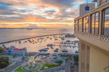 Wall Mural - beautiful view from the Lacerda Elevator to Fort São Marcelo in Todos os Santos Bay in the city of salvador on a sunset overlooking the sea and blue sky