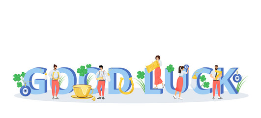Wall Mural - good luck word concepts flat color vector banner. isolated typography with tiny cartoon characters. 