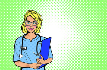 Doctor in pop art style. Vector background in comic style retro pop art. Illustration for print advertising and web.