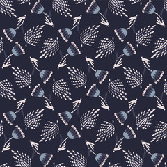 Sticker - Indigo blue doodle leaf seamless pattern. Sketchy floral foliage vector background. Modern dark navy wallpaper graphic design. Hand drawn quirky all over print. Masculine home decor textile swatch