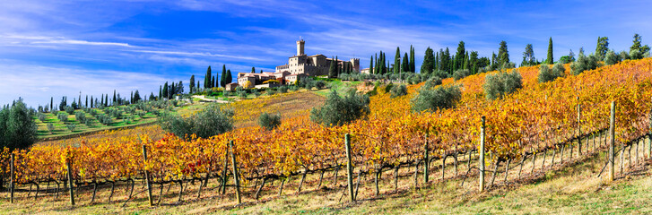 Canvas Print - Castello di Banfi and golden vineyrds. Tradtional Tuscany countryside. famous wine region of Italy