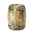 Watercolor wooden wine barrel on white background