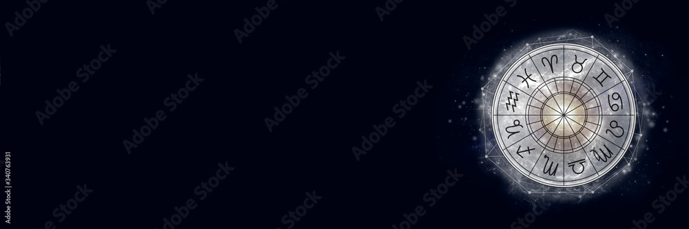 Astrological circle with the signs of the zodiac on a background of the starry sky. Illustration for horoscope. Banner - obrazy, fototapety, plakaty 
