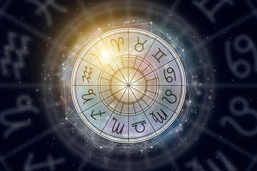 astrological circle with the signs of the zodiac on a background of the starry sky. illustration for