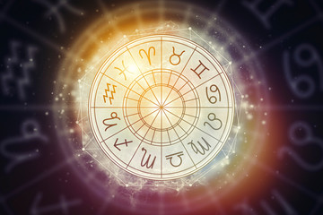 Wall Mural - astrological circle with the signs of the zodiac on a background of the starry sky. illustration for