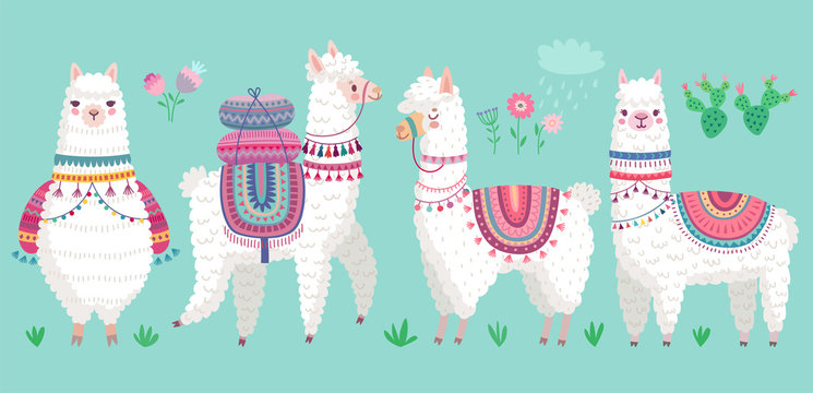 Fototapete - Cute Llamas. Funny hand drawn alpaca characters.