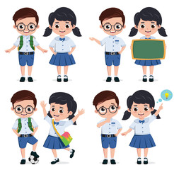 Poster - School students vector characters set. Back to school classmates elementary student characters in education activities like presenting and playing. Vector illustration.
