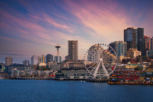 2020-04-18 DOWNTOWN SEATTLE'S WATERFRONT WITH THE SPACE NEEDLE AND GREAT WHEEL