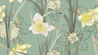 Floral seamless pattern, daffodil flowers with leaves on green