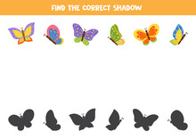Find The Right Shadow Of Cartoon Butterflies.