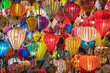 Colorful Lanterns Spread Light On The Old Street Of Hoi An Ancient Town - UNESCO World Heritage Site. Vietnam.