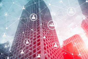 Wall Mural - smart city and social media people icons communication network on modern city background.