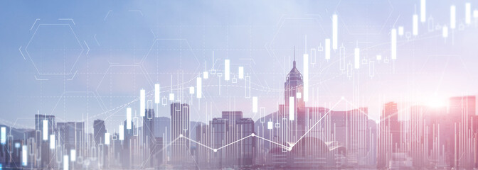 stock trading, investment, candle stock market chart diagram website header banner city view skyline