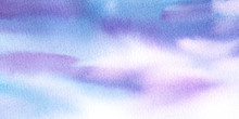 Abstract Watercolor Blurred Background Of Dusk Sky In Blue And Purple Hues. Tender Blue Heaven With Soft White And Evening Lilac Clouds. Hand Drawn Illustration On Textured Paper. Smooth Paint Stains