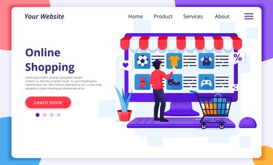 Poster - Online shopping concept, A man chooses and buys products in the online store. Modern flat web page design template for website and mobile development. Vector illustration