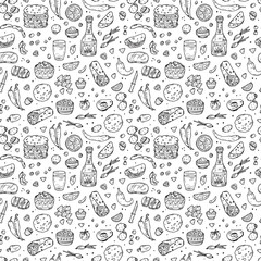 Mexican tradition Food Vector Seamless pattern. Hand drawn doodle Tequila, corn tortilla, taco, burritos, guacamole, nachos corn chips, Vegetables
