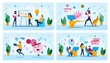Ideas Brainstorming, Malware Software, Project Time Management Trendy Flat Vector Concepts Set. Employees Planning Project, User Fighting with Virus or Bug, Web Developers Fails Deadline Illustration