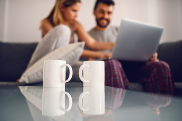 Wall Mural - Young happy couple in love sitting on sofa in the morning and using laptop for internet surf. In foreground are two mugs of fresh coffee. Selective focus on mugs.