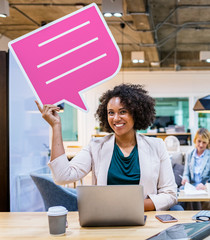 Cheerful woman with a speech bubble