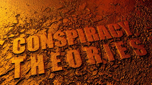 Stone structure with text element - Conspiracy theories. 3D rendering