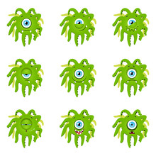 Monster Emoji Sticker Pack. Set Of Emoticons In The Shape Of Green Monsters In Cartoon Style. Vector 8 EPS.