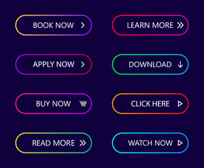 Poster - Gradient neon buttons. Button with arrow for call action, web buy, more, next, learn, download. Modern menu collection for navigation in app, site page, interface. Color 3d rounded banner. Vector