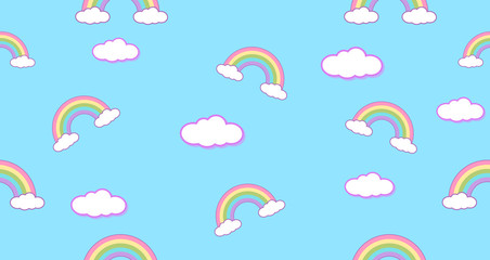 Wall Mural - Seamless pattern rainbow and clouds kawaii wallpaper background. Abstract cute pastel colors funny faces cartoon. Concept for children and kindergartens or presentation and christmas day