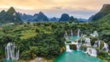 Ban Gioc Waterfall, Vietnam, Panoramic View. One Of The Most Beautiiful Waterfalls In The World.