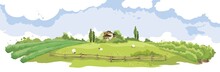 Abstract Summer Landscape -- Field With Sheeps And Vineyard / Vector Illustration, Rural View -- Fields And Meadows