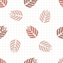 Fern Leaves Vector Seamless Pattern Background. Modern Forest Plant On Polka Dot Backdrop. Duotone Brown White Hand Drawn Botanical Foliage Design. All Over Print For Fall, Autumn Concept, Packaging