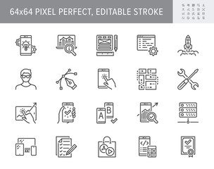 Application development line icons. Vector illustration included icon as mobile software, app ux prototyping, data analytics pictogram for web startup launch. 64x64 Pixel Perfect Editable Stroke