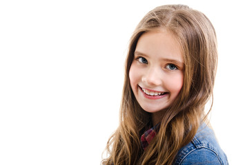 Poster - Portrait of adorable smiling little girl child preteen isolated on a white