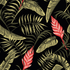 Wall Mural - Floral seamless pattern tropical flowers hawaiian black background