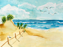 Handmade Watercolor Drawing Of Seashore