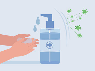 Cleansing hand with alcohol based Hand Sanitizer make virus reflection. Concept Illustration about virus protection.