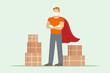 Courier in medical mask and superhero cape. Safe delivery concept. Vector illustration.